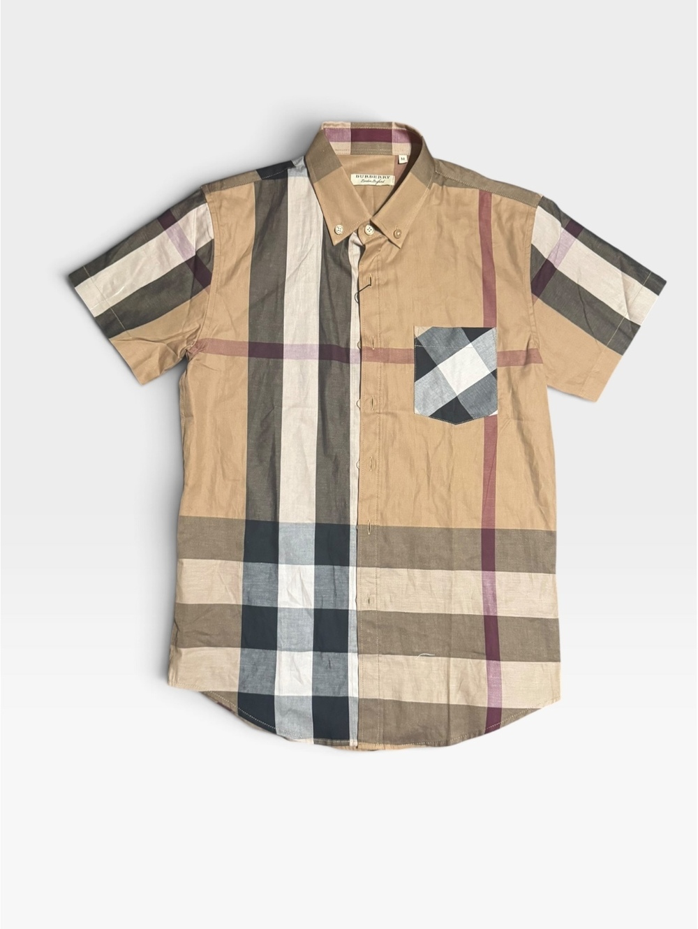 Burberry beige plaid short sleeve button-up shirt